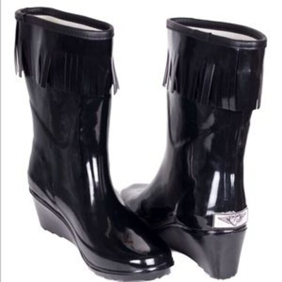 Women Rubber Rain Boots /w Wedge Heels & Tassels Rainboots - Picture 3 of 4